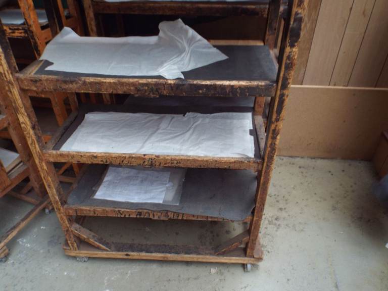 Wooden Industrial Shelving Unit on Wheels – Fair Condition