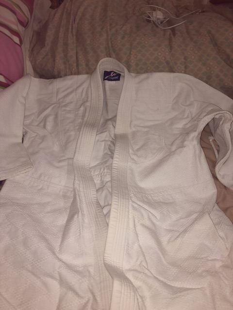 White karate suit for sale 1 top 3 trousers 2 belts white and red 