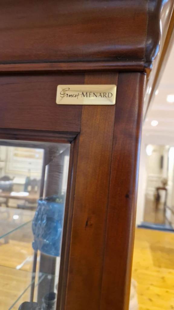 Stunning glazed shelved Ernest Menard display cabinet with drawer 