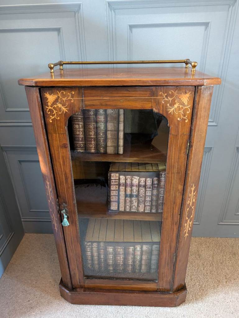 Antique inlaid walnut glazed cabinet 