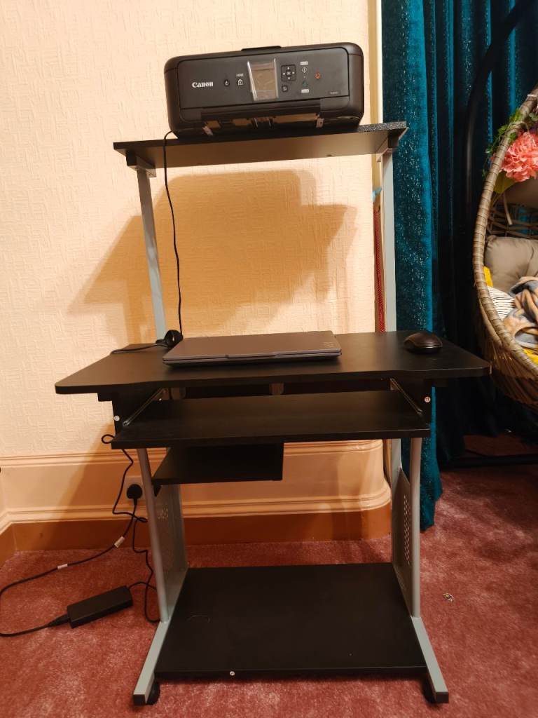Yaheetech 3-Tier Rolling Computer Desk in black and grey.