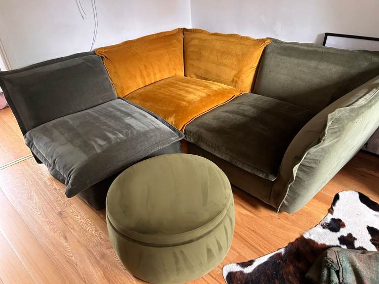 Bespoke 3 piece velvet sofa green, yellow & grey with storage velvet footstool