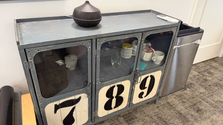 Industrial Style Grey Metal Cabinet with Glass Doors