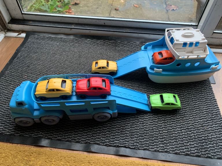 Green toys car transporter and ferry 