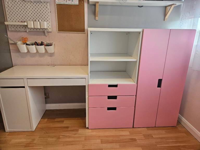 Pink and White Storage and Wardrobe Unit with White Desk