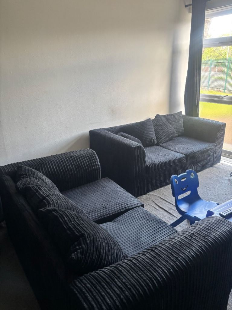 Black Corduroy Sofas – Two and Three Seater Set, Good Condition