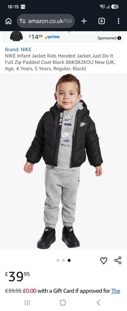 NIKE Infant Kids Hooded Padded Jacket – Black, New without Tags