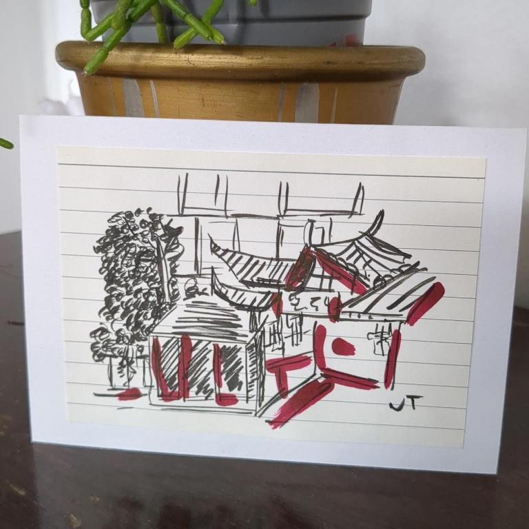 Hand-drawn art on lined paper 'Traditional Chinese House'  