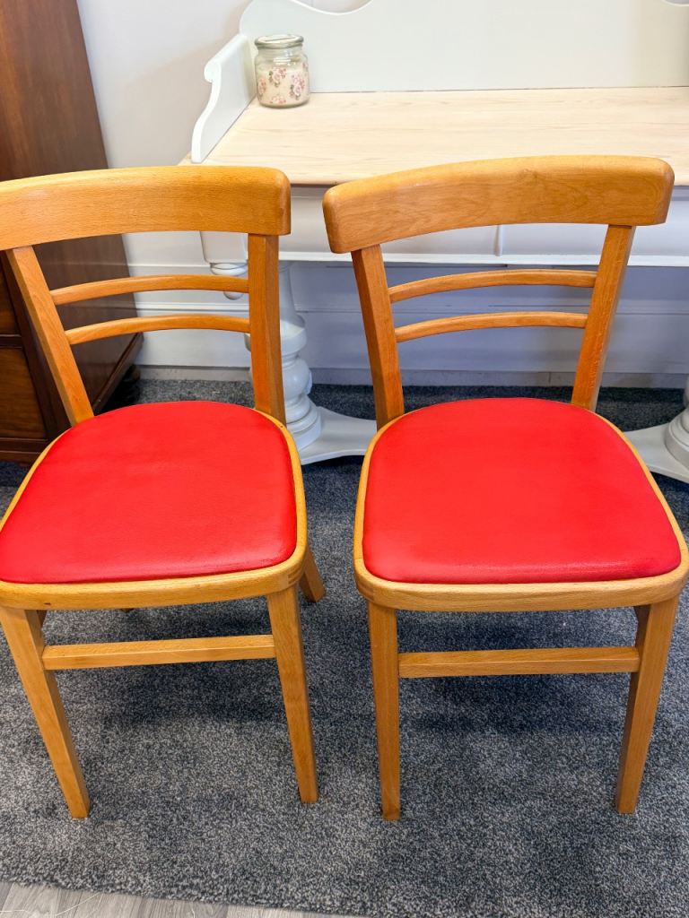 Pair of kitchen dining room beech Ben Style chairs and red vinyl FREE local delivery 🚛