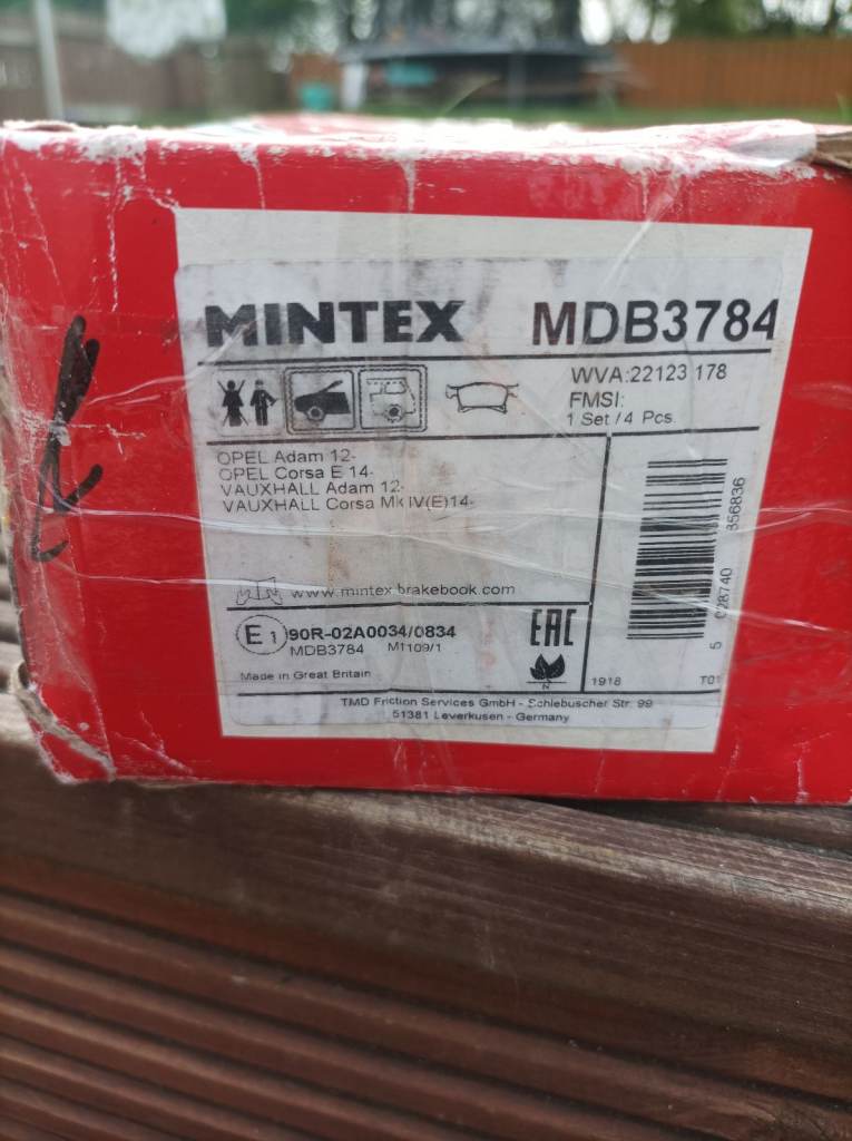 Mintex MDB3784 Brake Pads Front Vauxhall Adam12-20 Corsa E 14-20