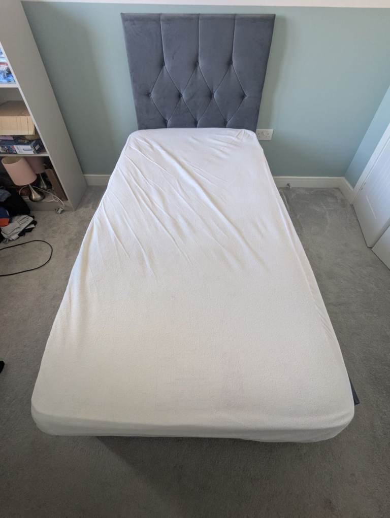 Single Bed with Grey Fabric Headboard and Storage Drawers