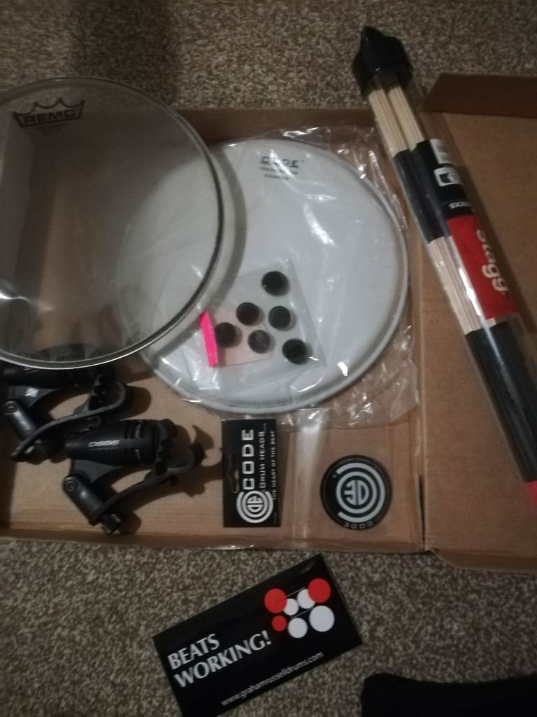 Drum Bits. Remo & Code Heads, Stagg Hotrods, Pulse Tom Mics, Code Bass Drum Patch, Slapklatz Gels