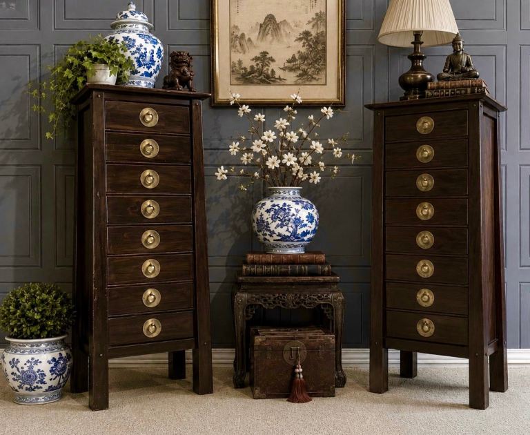 Pair of Vintage Chinese Style Pier Shanghai Collection 8 Drawer Tall Boy Chest of Drawers
