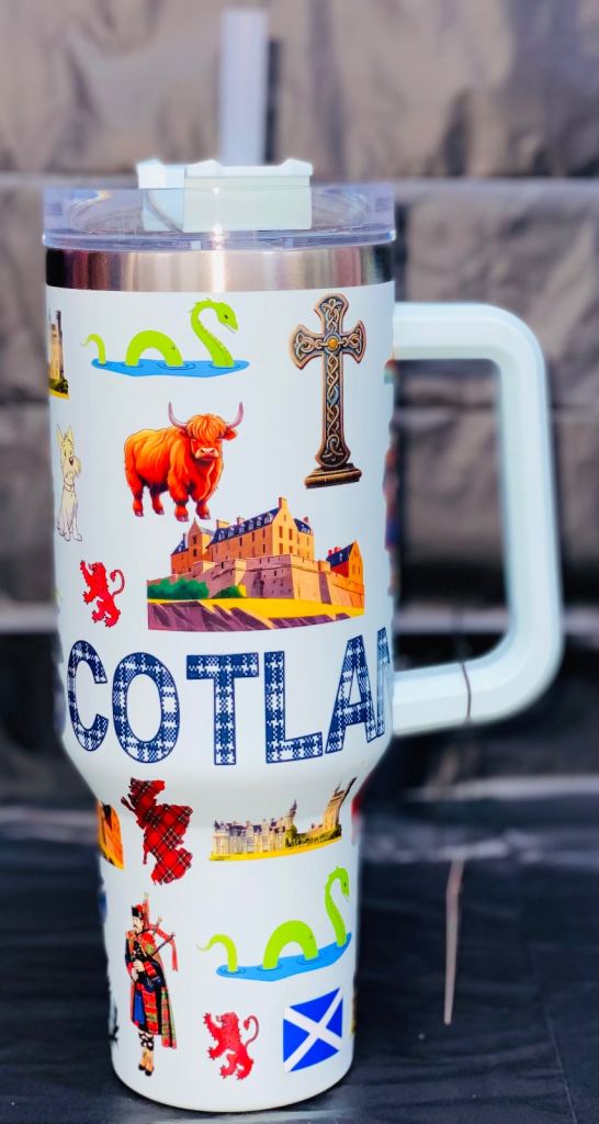 New Scottish Themed Insulated Travel Mug with Handle & Straw
