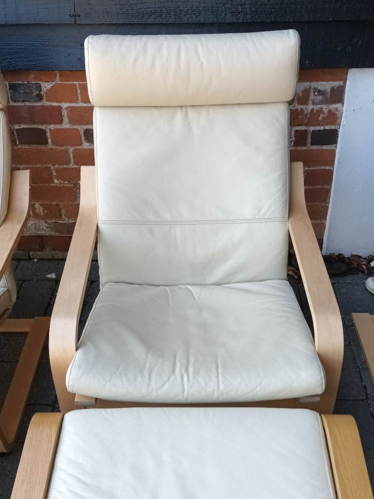  Ikea Poang cream leather chair and footstool. 