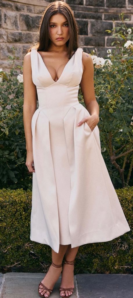 Vintage Cream Satin Pleated Midi Dress 
