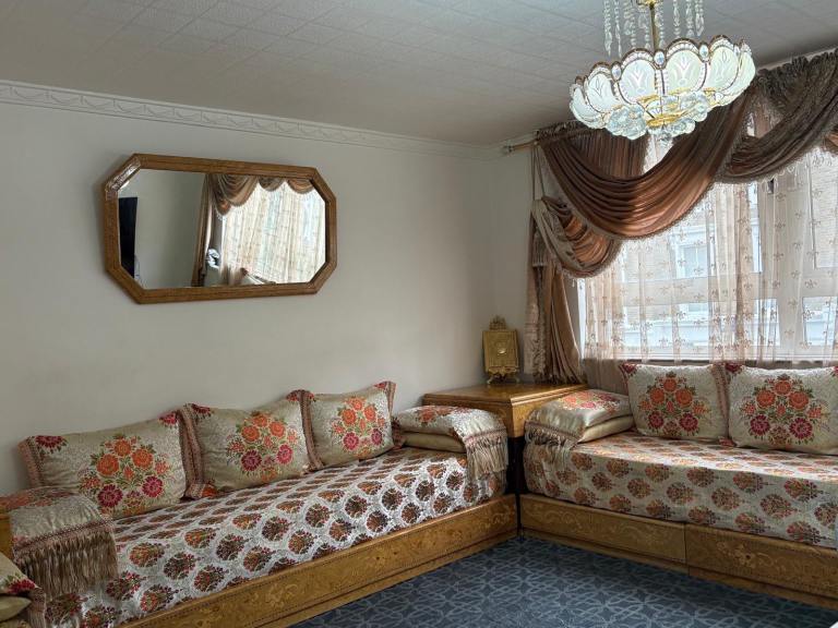 Elegant Moroccan Salon Sofa Set with Carved Wood & Side Cabinets And Table