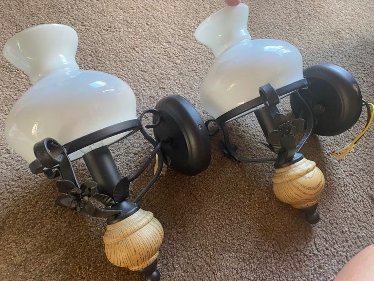 Two Black Metal Wall Lights with Frosted Glass Shades – Good Condition