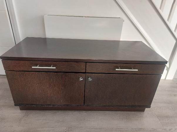 Dark Brown Low Level Wooden Storage Unit with Drawers and Cupboards