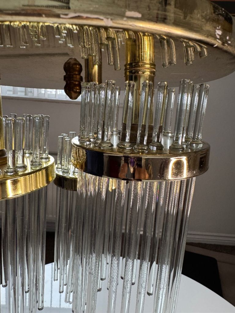 Vintage Brass & Glass Rod Chandelier Ceiling Light