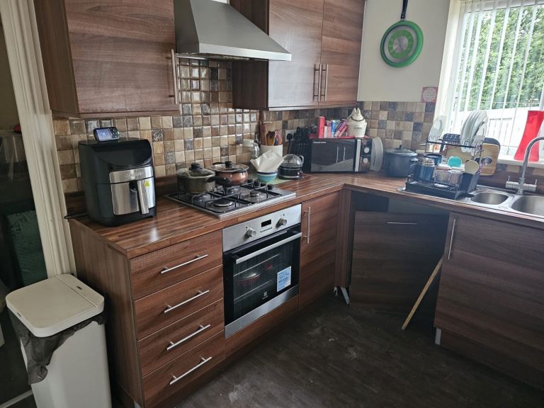 Modern Brown Wood Kitchen Units with Worktops and Sink