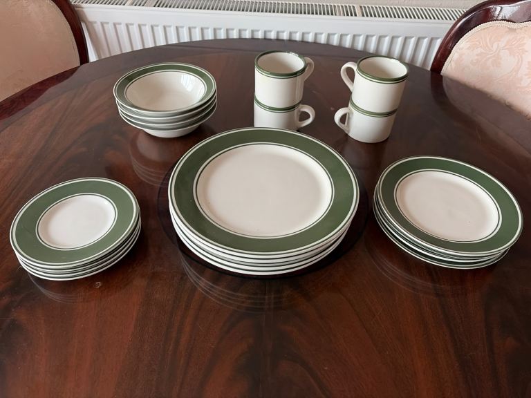 Dinnerware Set - Green and Cream Ceramic Plates, Bowls, and Mugs