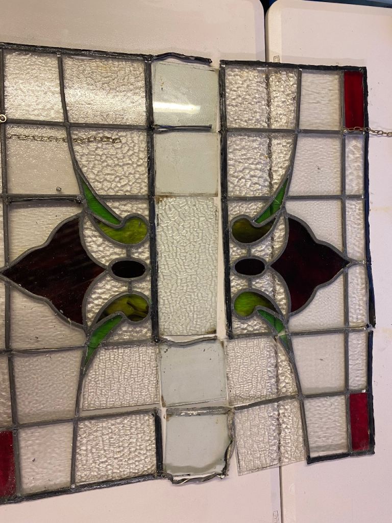 Antique Stained Glass Windows. Red and Green Detail