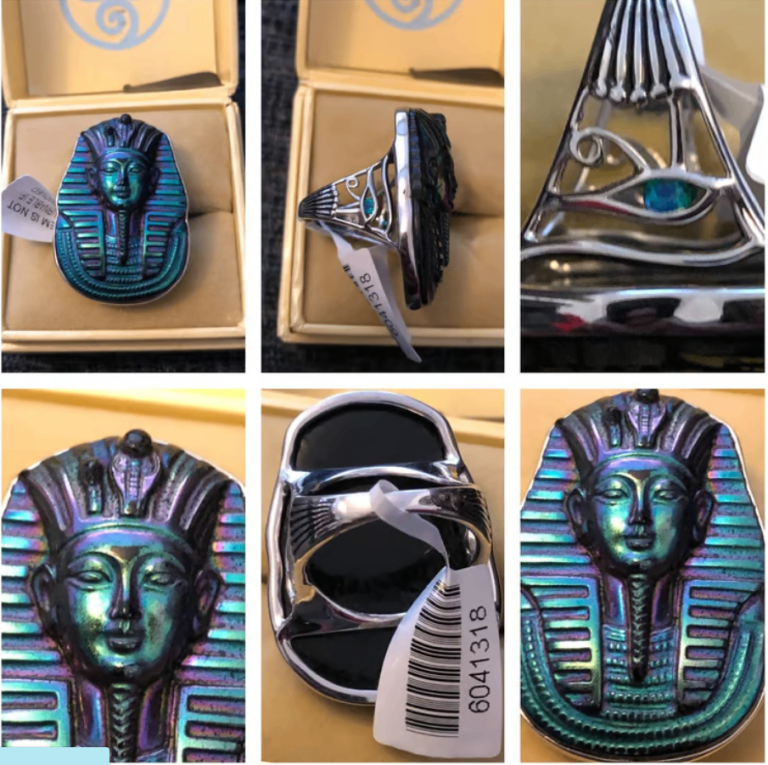 Pharaoh Carved Simulated Emerald Caribbean Rainbow Horus Eye Ring Size O/P Sterling Silver 925