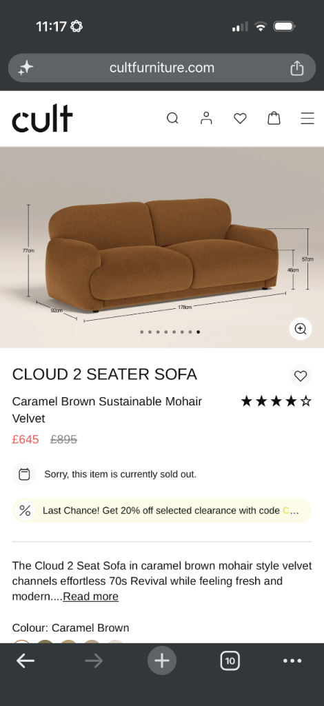 Cult Furniture Cloud 2 Seater Sofa – Caramel Brown Mohair Velvet