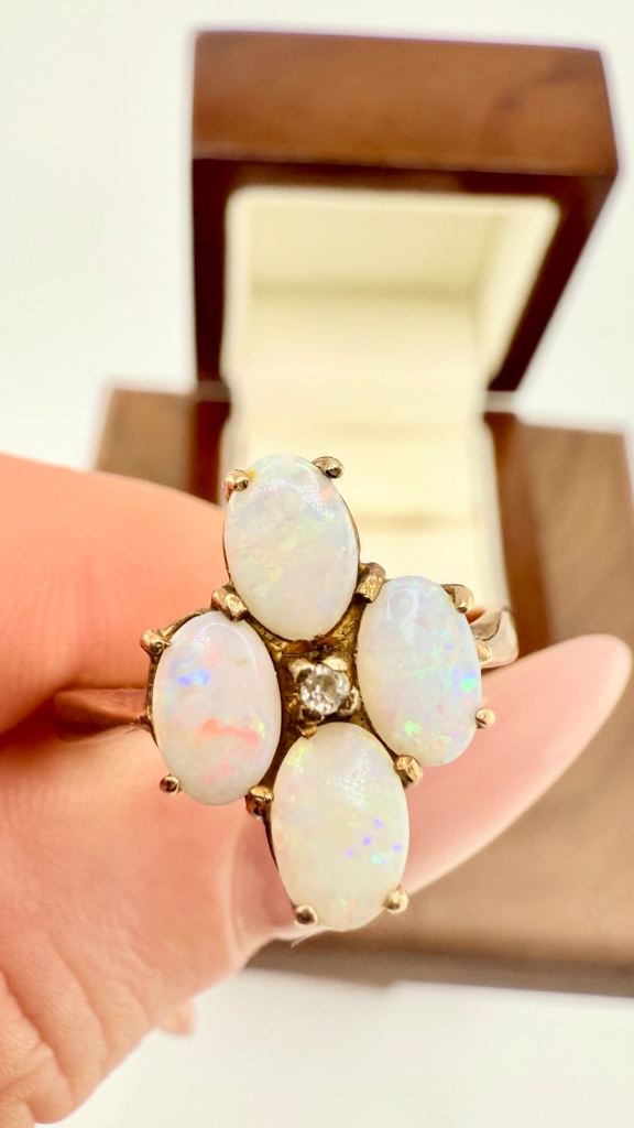 Fine 9ct Gold Opal and Diamond Cluster Ring 