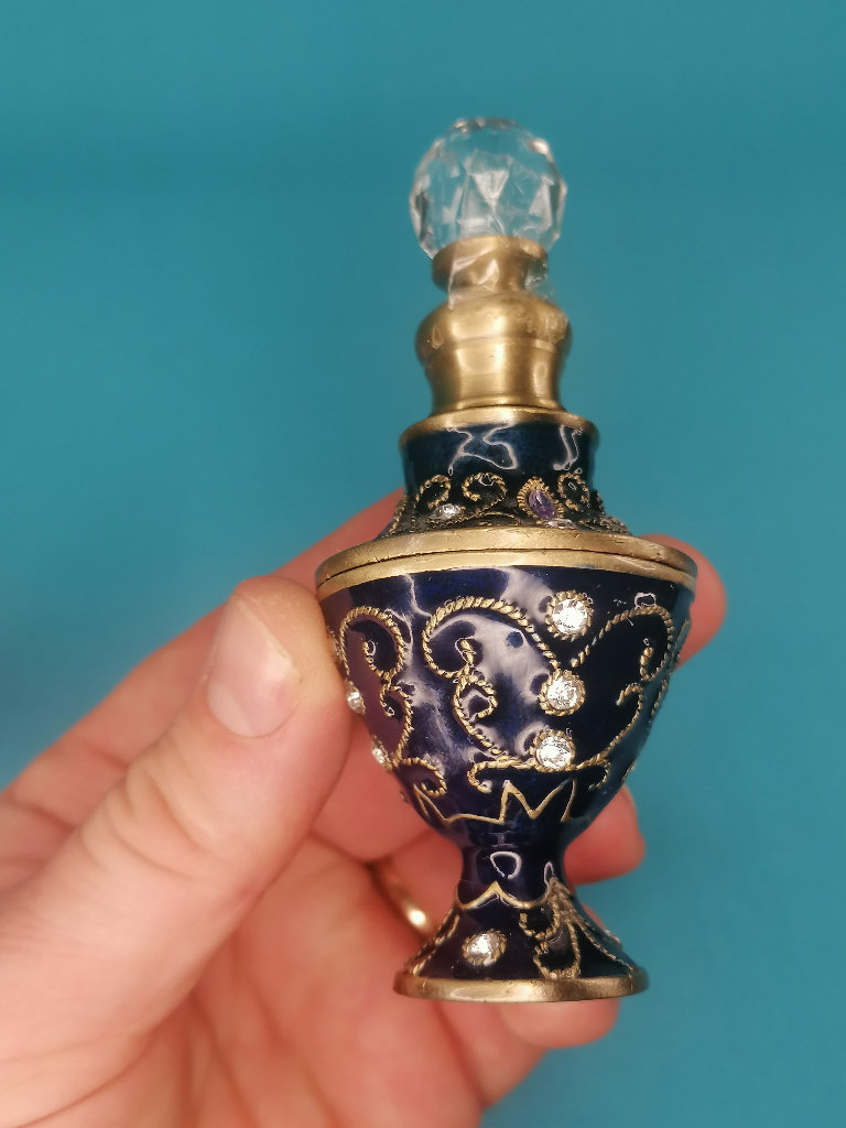 4-inch Vintage Enamel Glass and Crystals Perfume Scent Dressing Table Bottle.