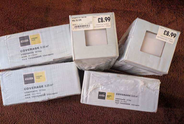 Homebase White Ceramic Tiles 10x10cm – New, Unused