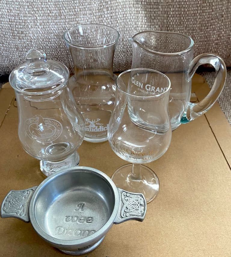 Various Scotch Whisky collectibles. Nosing glasses, water jugs etc. 