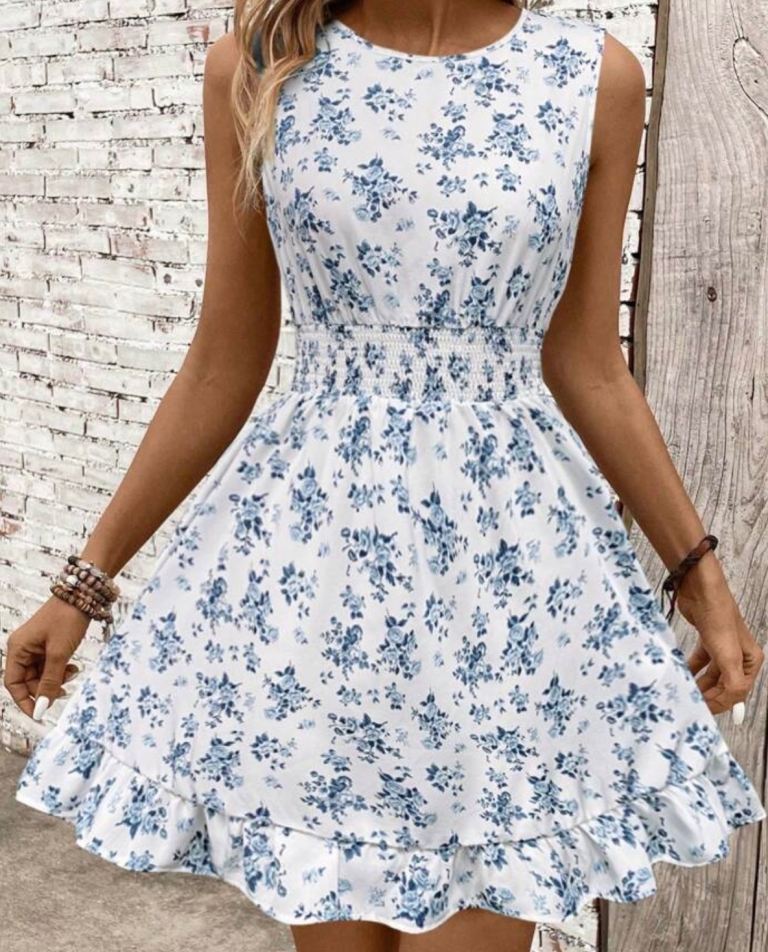 New Size Medium, Will Fit Size 12 & 14 White and Blue Floral Dress, Elasticated Waist, Stretchy