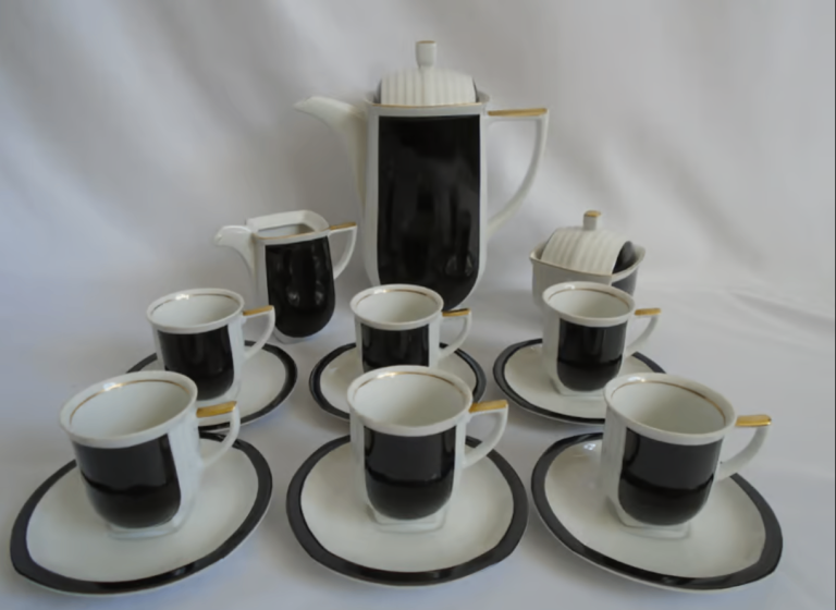 Czech Carlsbad Studio Lisette Black/White 9 Piece Coffee Tea Set Cups Creamer Sugar