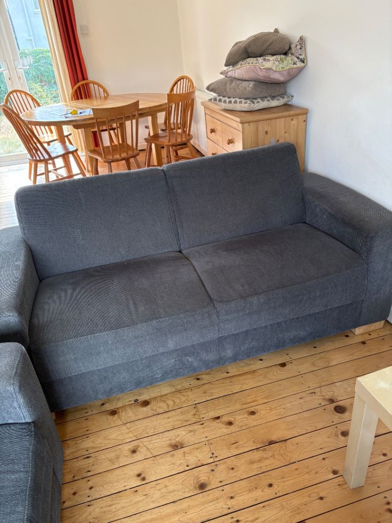 Comfy Blue/ Grey Fabric Two-Seater Sofa – Good Condition