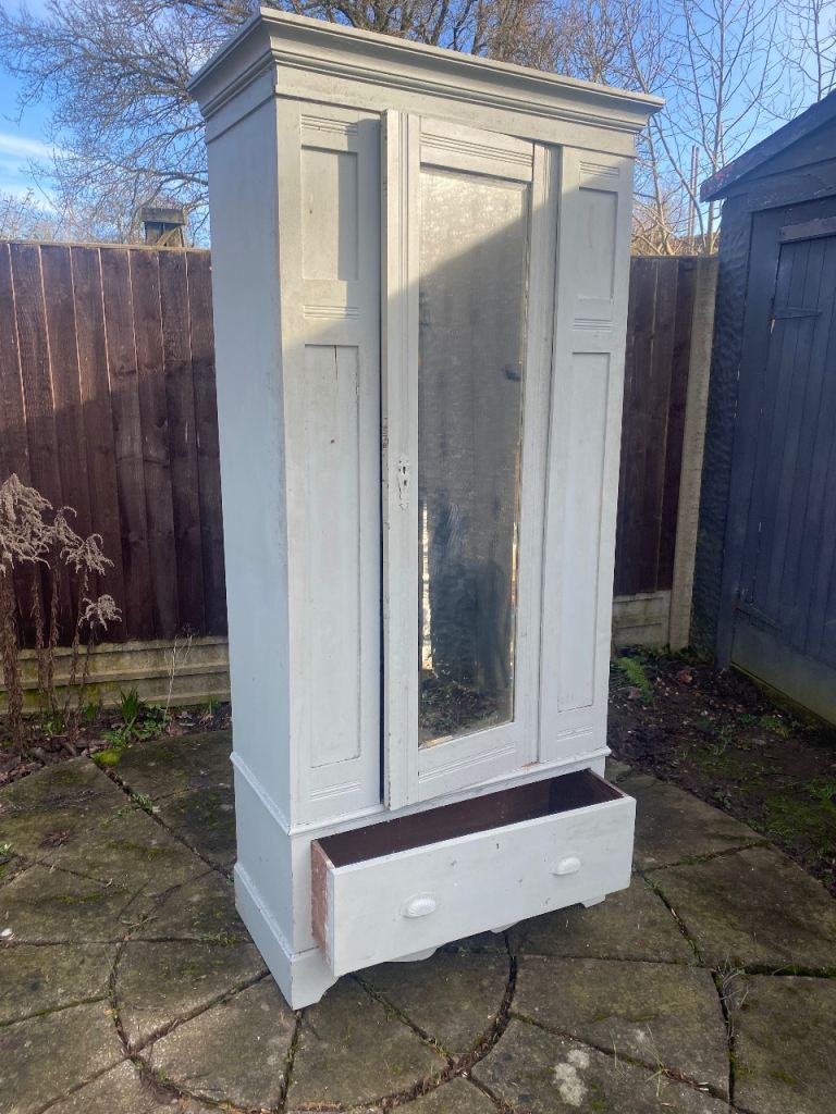  Vintage single wooden wardrobe with mirror and drawer