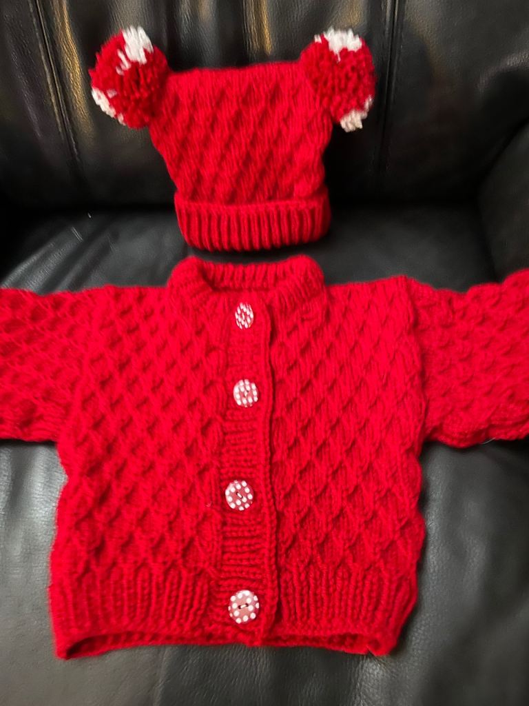 red aran cardigan and hat 3-6 mths