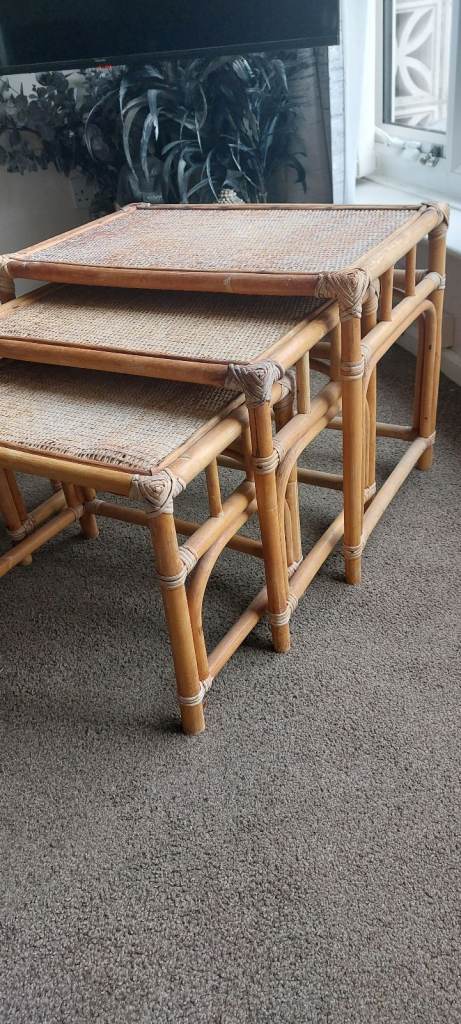 Vintage Bamboo & Rattan Nest of Tables – Boho Mid Century Cane Side Tables 