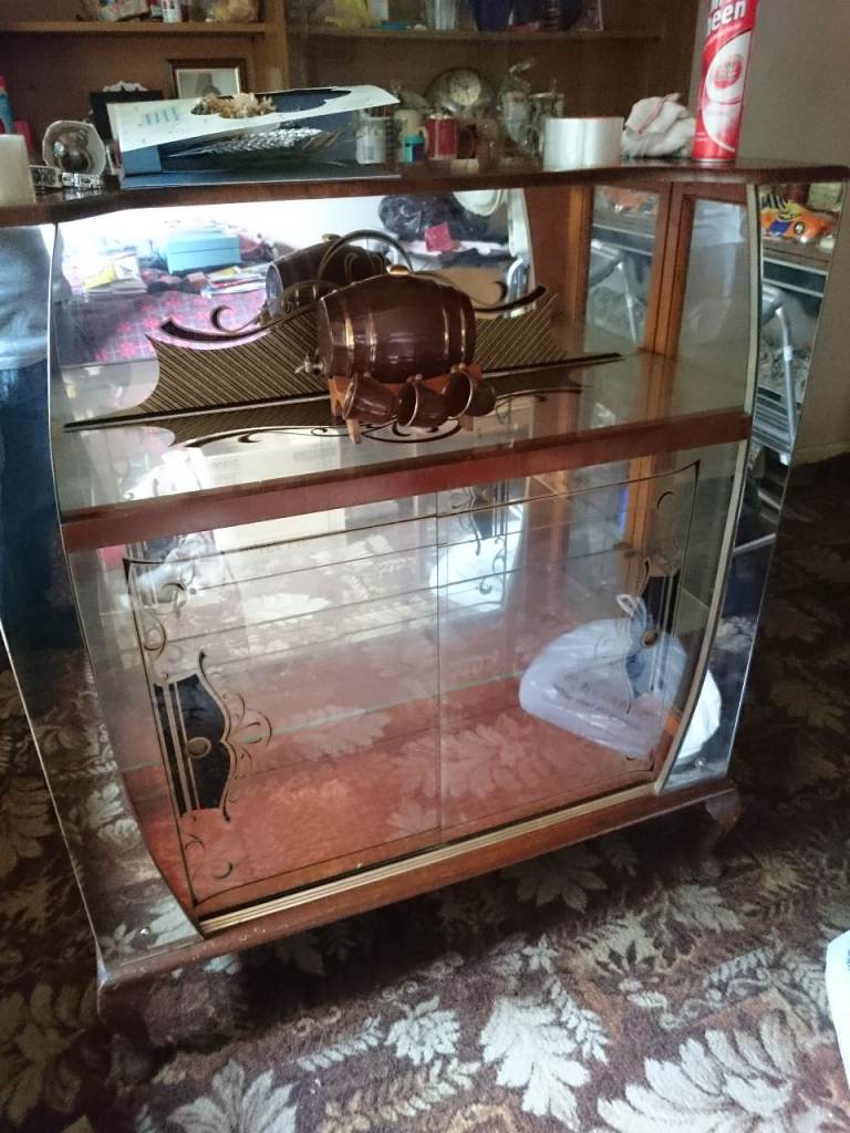 Vintage glass display / cocktail cabinet with mirrors
