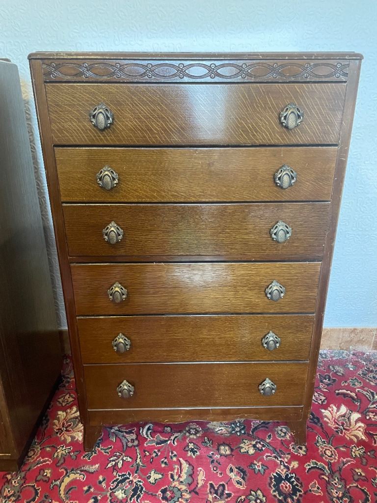 Vintage mid century Lebus furniture tall boy chest of drawers