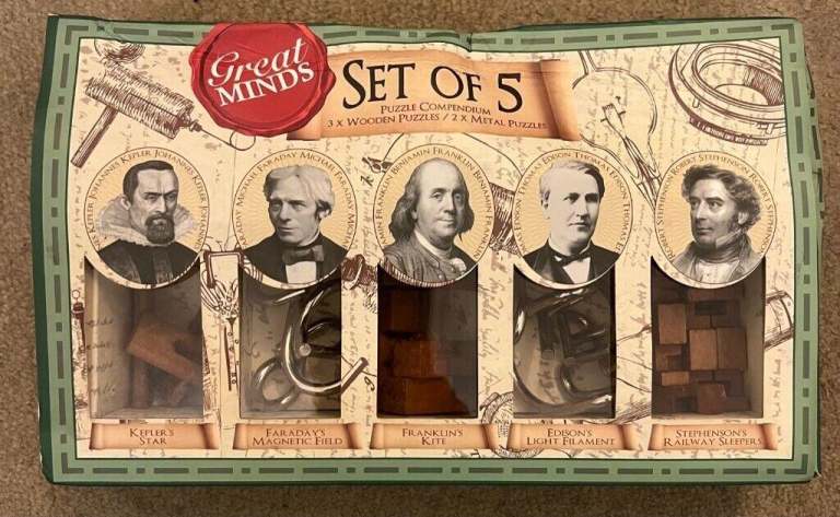 Great Minds, set of five both teasing and mentally probing wooden and metal puzzles to solve