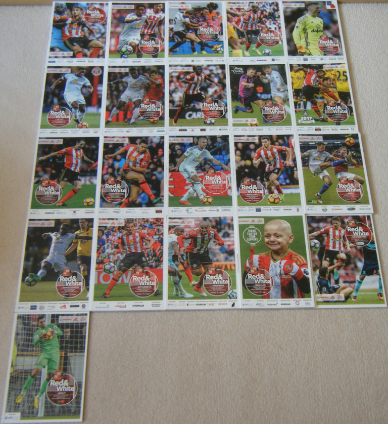 SUNDERLAND AFC MATCHDAY PROGRAMMES 2016-2017 X 21 PLUS OFFICIAL TEAM SHEETS X 21  