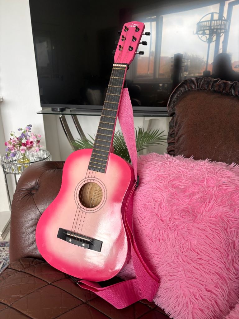 Rocket Pink Acoustic Guitar with Strap – Good Condition