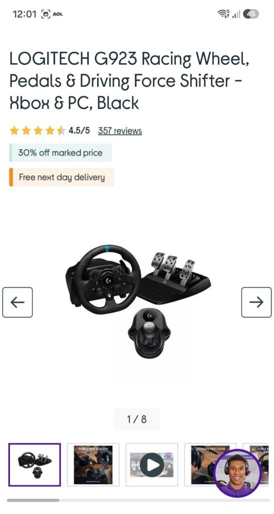 Logitech G923 Racing Wheel, Pedals & Shifter for Xbox & PC