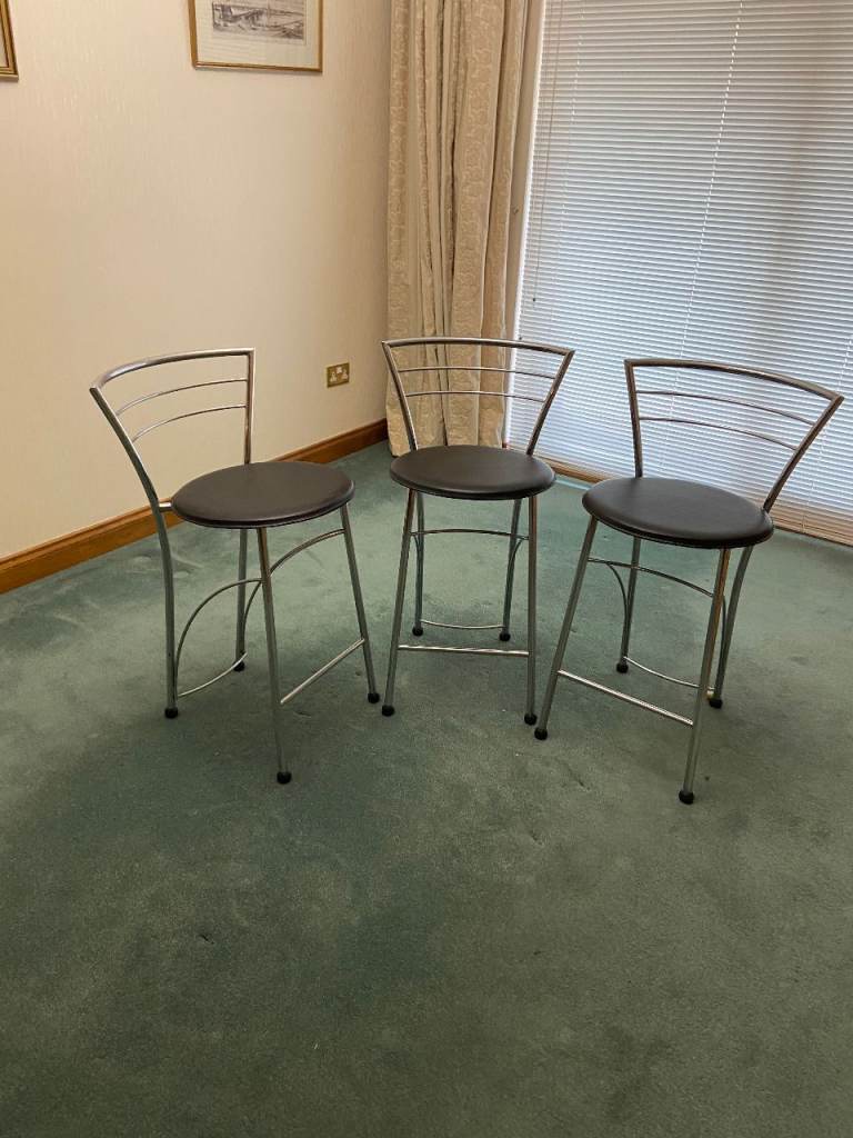 Set of 3 Grey and Chrome Bar Stools - Fair Condition
