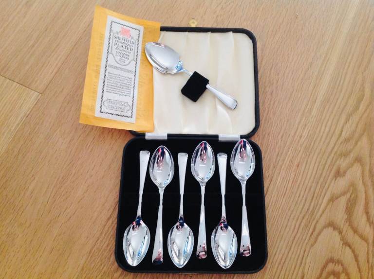 image for Mid-Century Sheffield silver tea spoons; 4 silver table spoons & rare vintage whisk