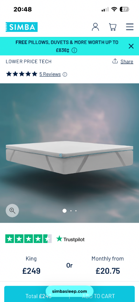 SIMBA Mattress Topper - Double Size, White, Like New Condition
