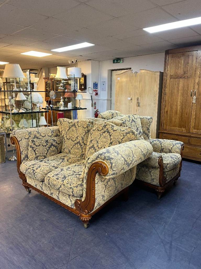 Traditional Blue/Cream Print 2 Seater Sofa & 2 Armchairs Set TCL Reuse 105194