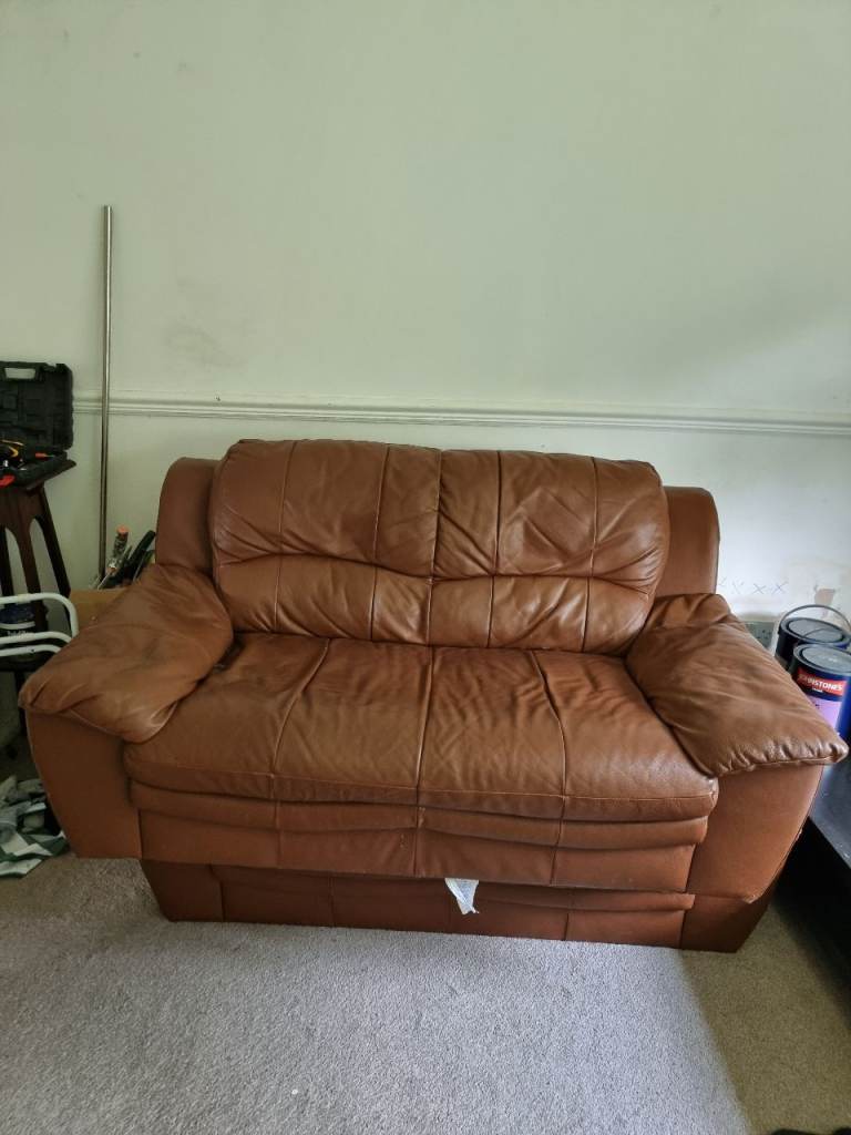 Free X2 Brown Leather 2-Seater Sofa – Well-Used with Tear